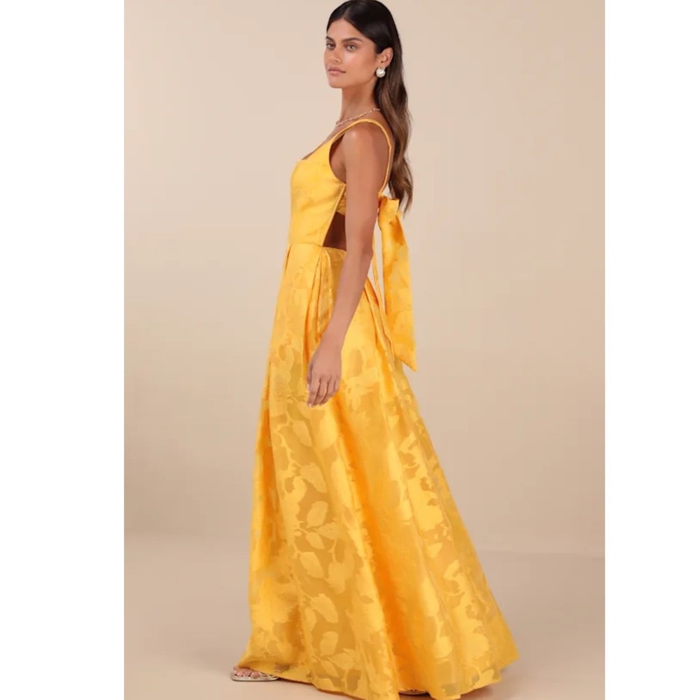 Lulus Perfected Aura Yellow Floral Jacquard Bow‎ Back Maxi Dress With Pockets S - Picture 8 of 9